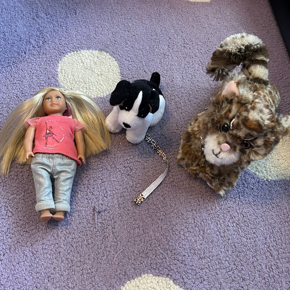 American Girl doll set of mini Isabelle doll, and two pets meant for 18” dolls